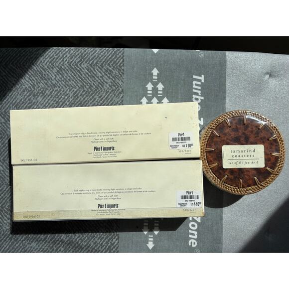 Pier 1~ 8 Handmade Barrel Raffia Tamarind Napkin Rings & 6 Coasters/14 pieces - Picture 11 of 16